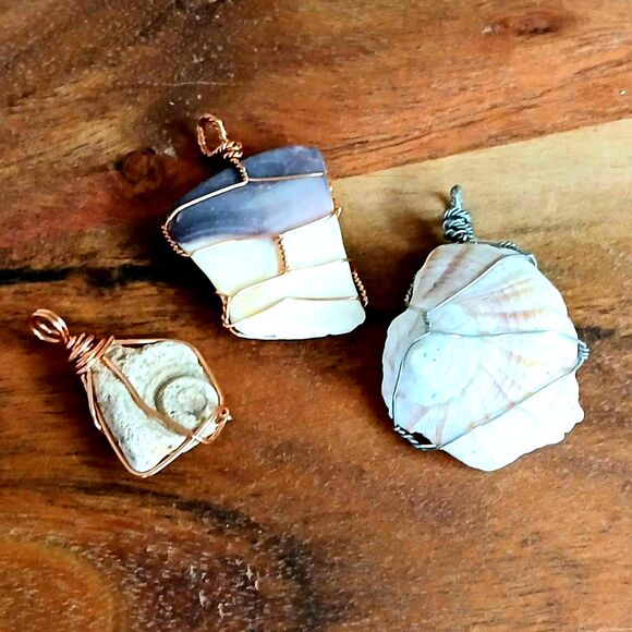3 Piece Seashell Pendant Set, Wire Wrapped, Beach Nautical - Picture 1 of 4